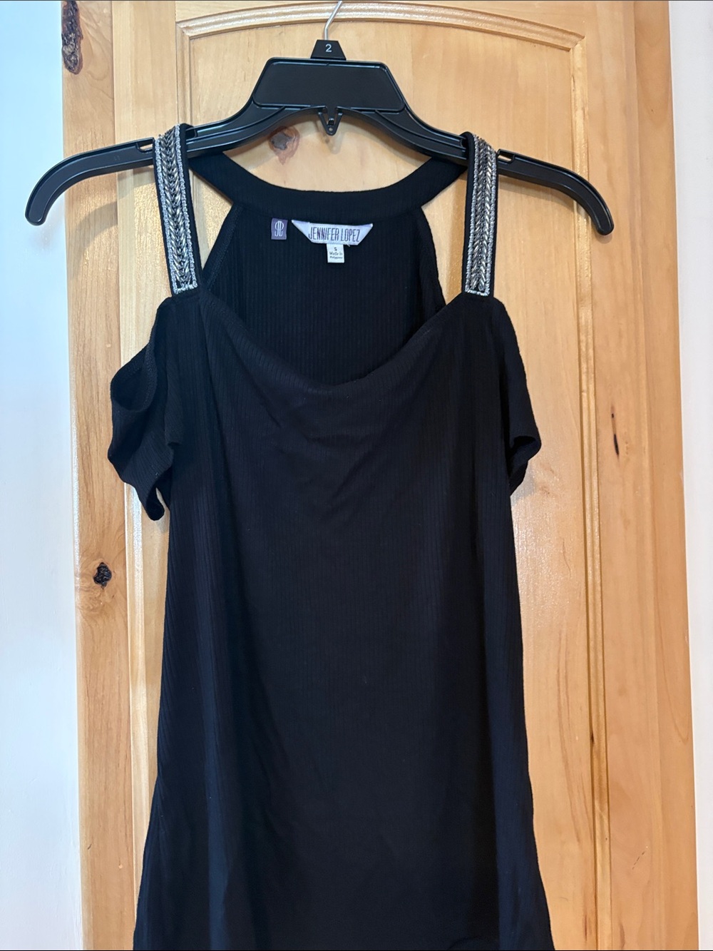Jennifer Lopez Black Cold-Shoulder Tank with Braided Embellished Straps